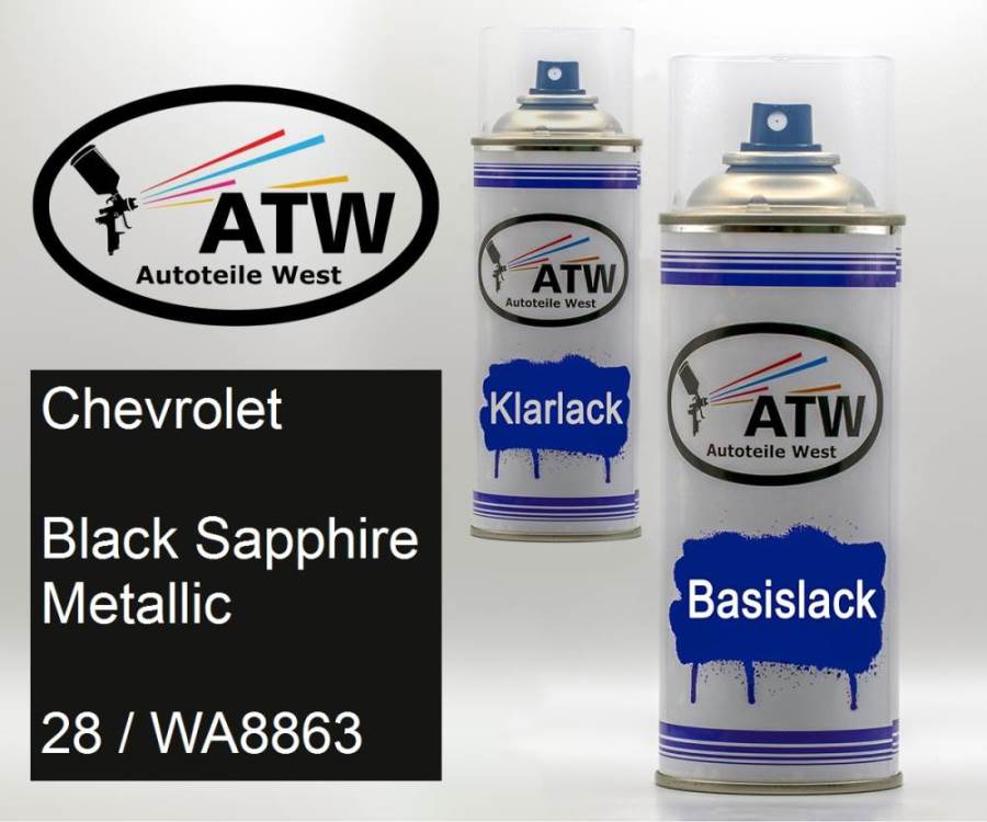 Chevrolet, Black Sapphire Metallic, 28 / WA8863: 400ml Sprühdose + 400ml Klarlack - Set, von ATW Autoteile West.